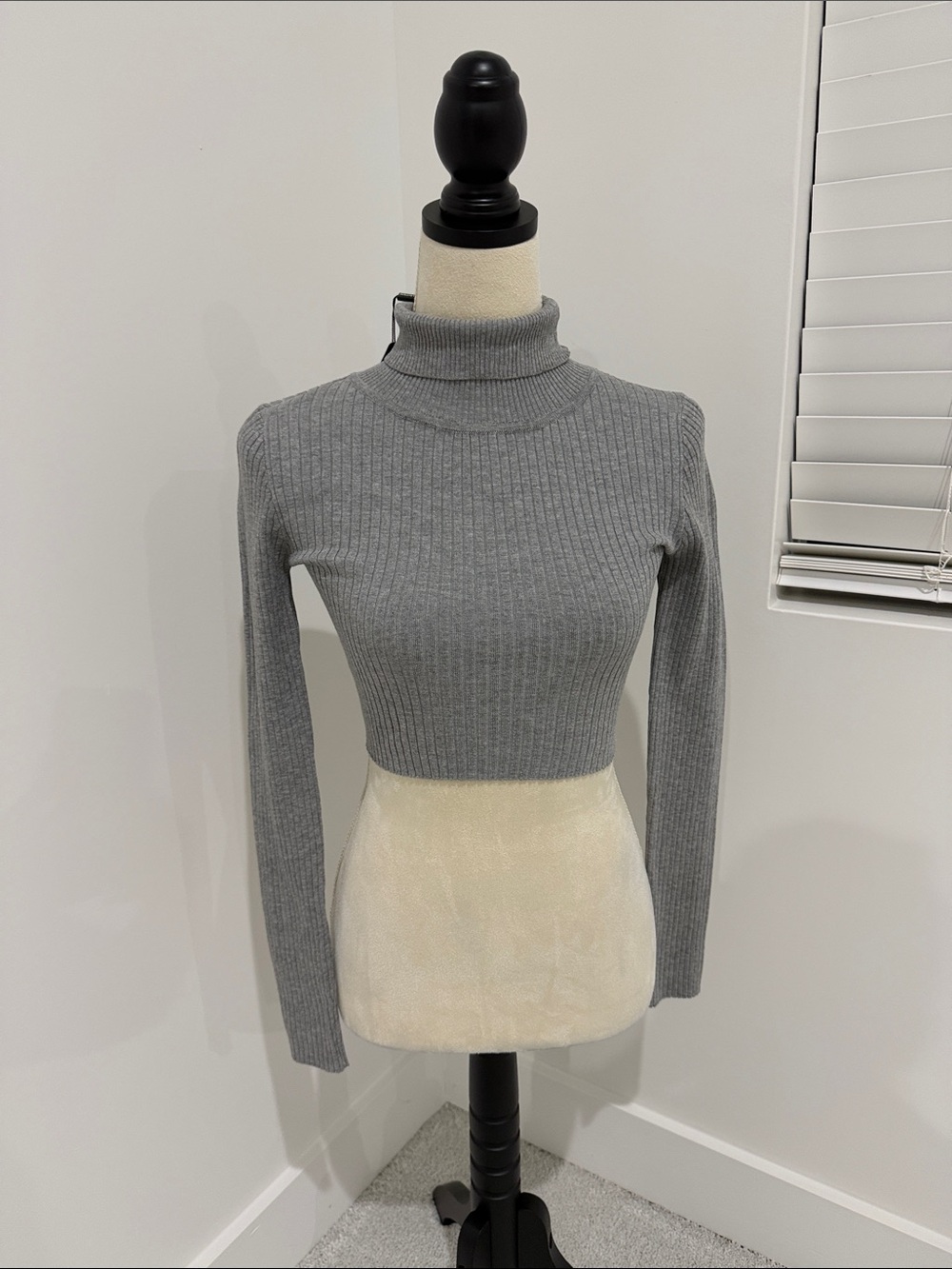 Hera Collection Gray Ribbed Turtleneck Cropped Long Sleeve Top